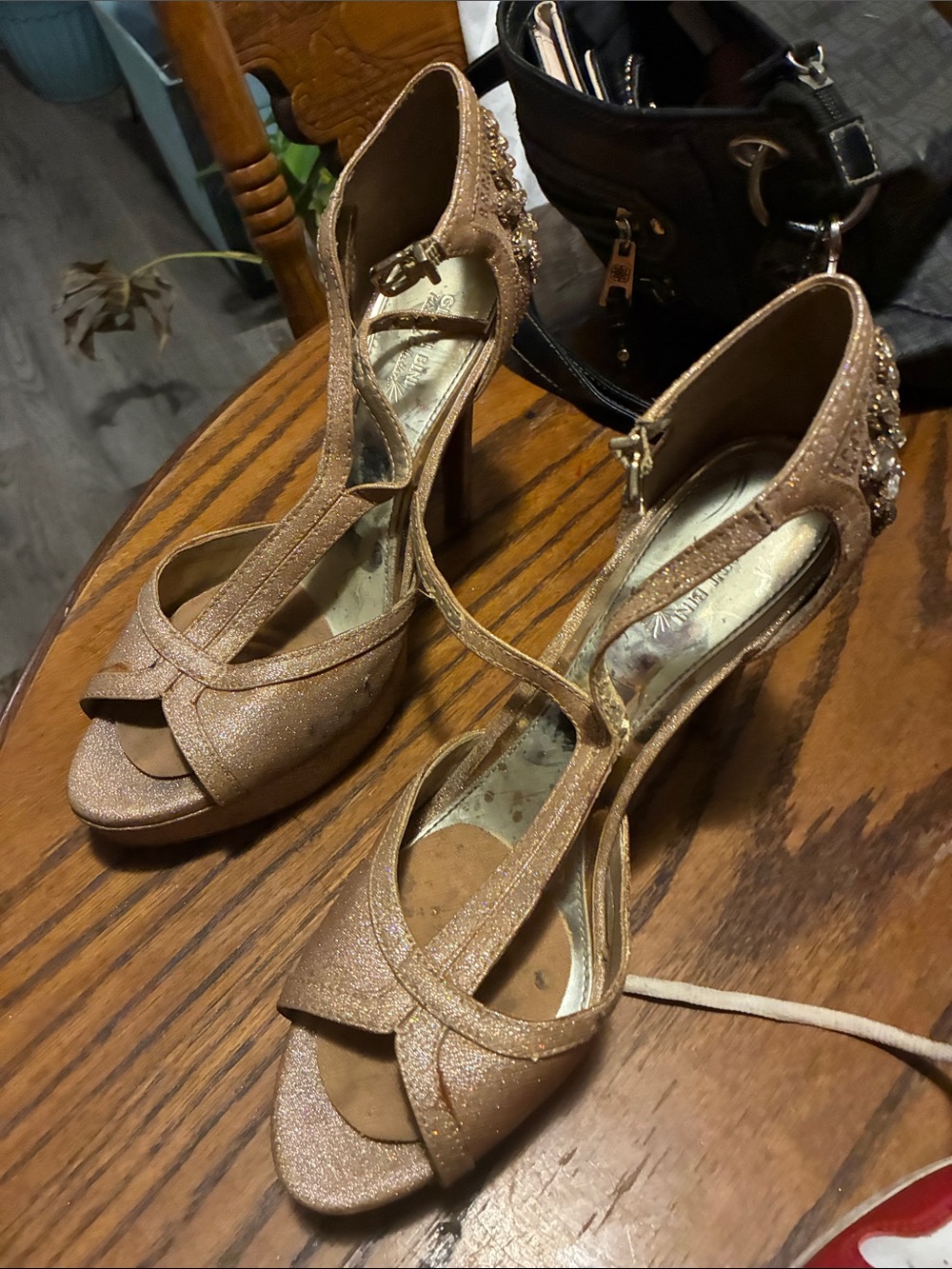 Gianni Bini Rose Gold T-Strap Glitter Heels